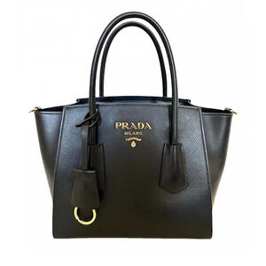 Prada Triangle Leather Medium Tote Shopper Handbag with Shoulder Strap Black